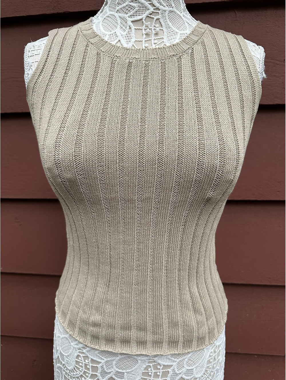 Khaki Ribbed Knit Sleeveless Sweater Vest Tank Top Casual